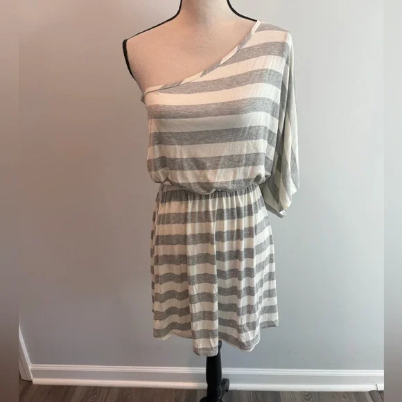 Fantastic Fawn Gray Stripe One Shoulder Mini Dress NWT Women’s size Medium - Picture 1 of 9